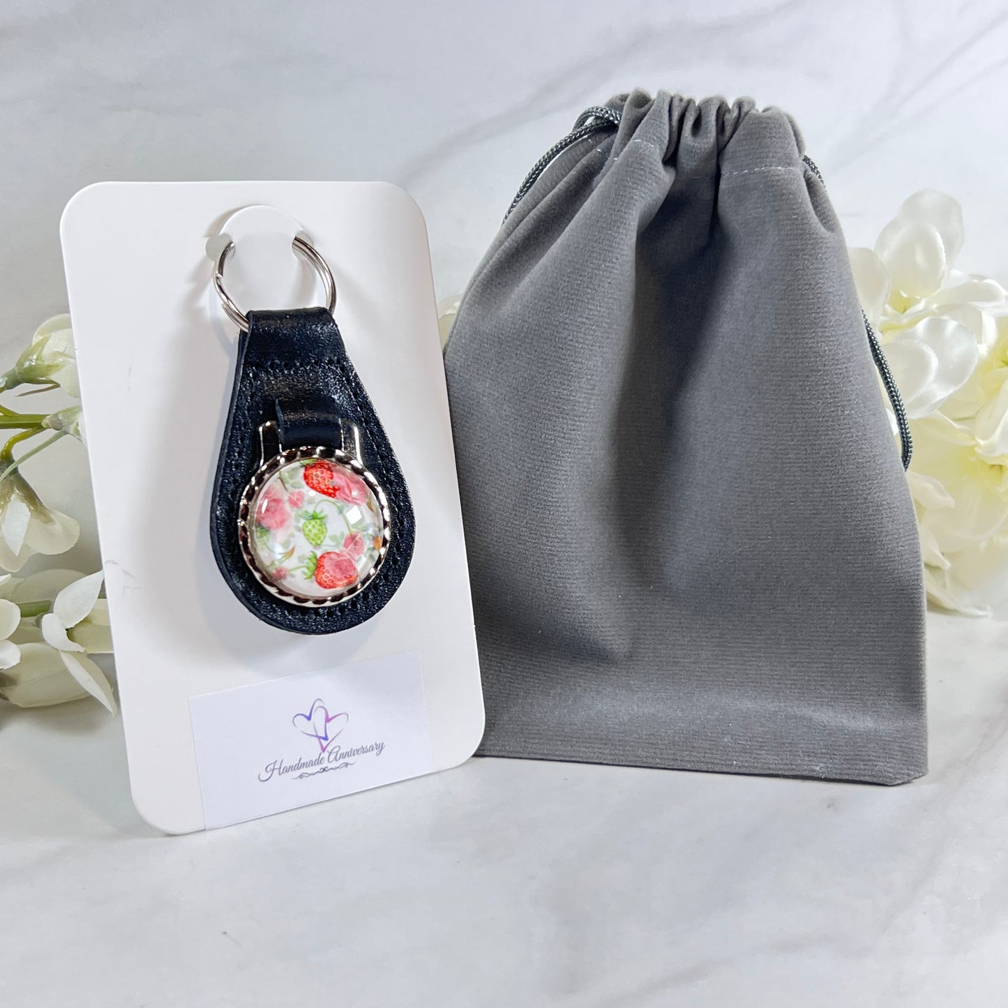 Fruit & Flower 4th Anniversary Leather Key Fob Handmade-Keyring-Handmadeanniversary-Handmade Anniversary