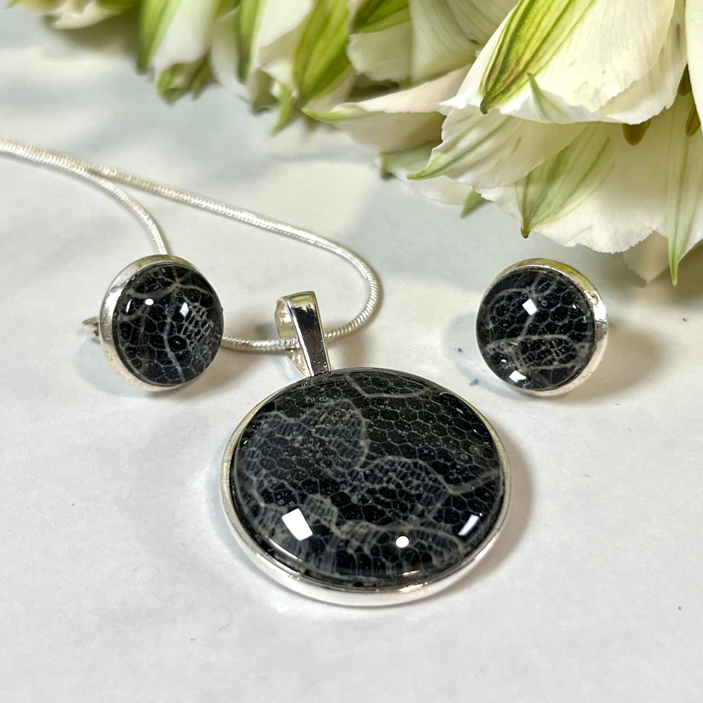 Lace 13th Anniversary Pendant & Earrings Jewellery Set Handmade-Pendant & Earrings-Handmadeanniversary-Stud Earring-Handmade Anniversary