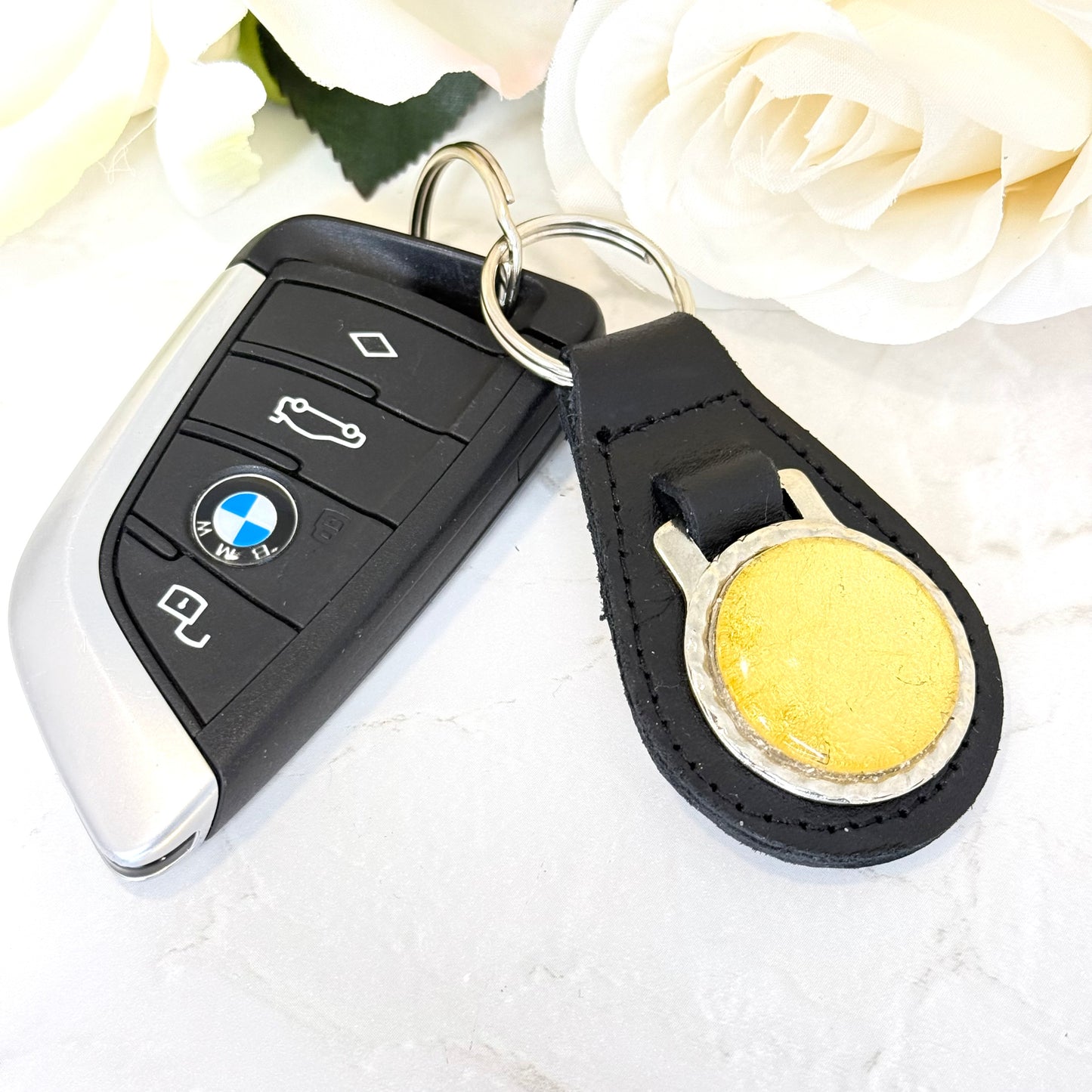 Gold 50th Anniversary Leather Key Fob Handmade