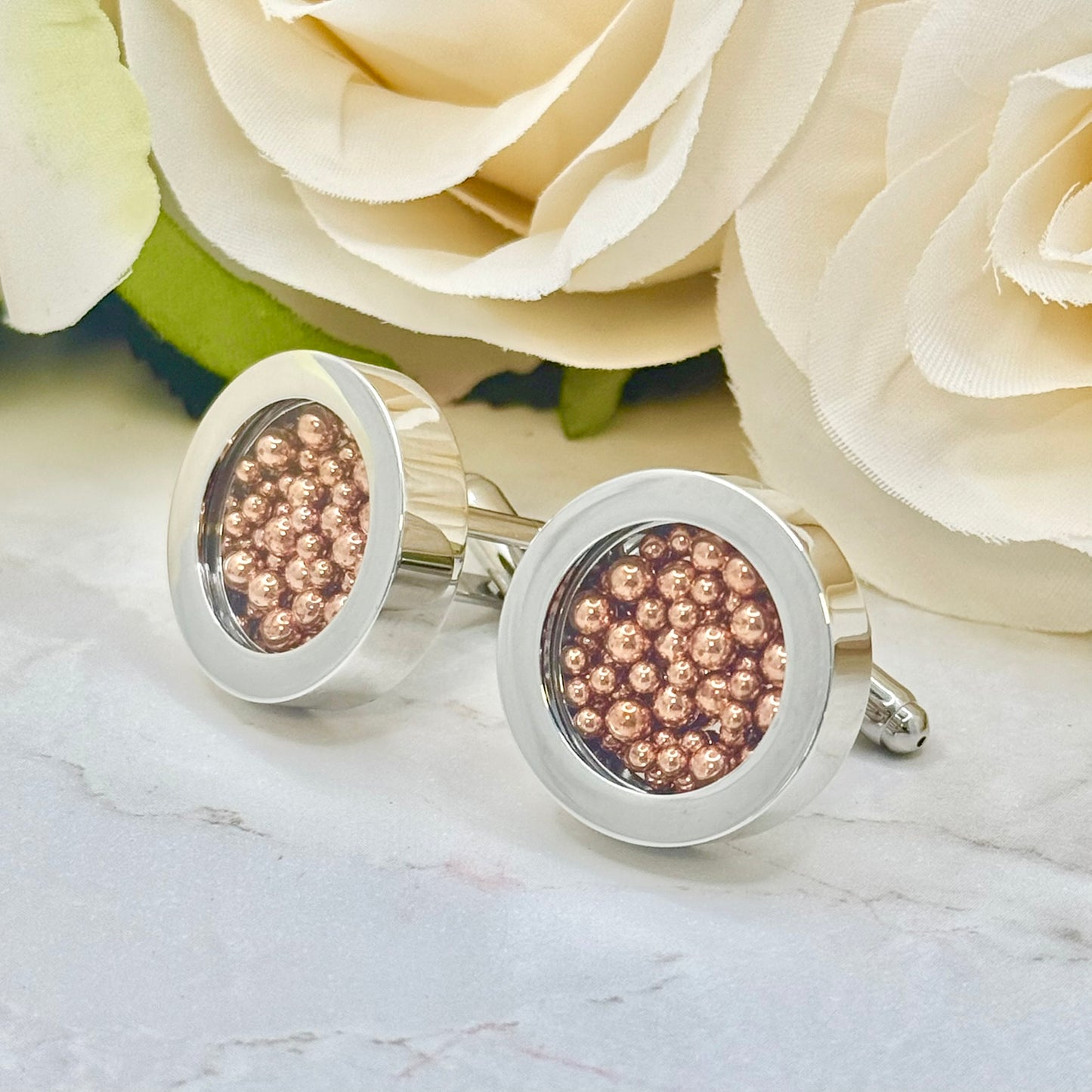 7th Wedding Anniversary Cufflinks – Filled with Pure Copper Balls | Luxury Copper Gift for Him