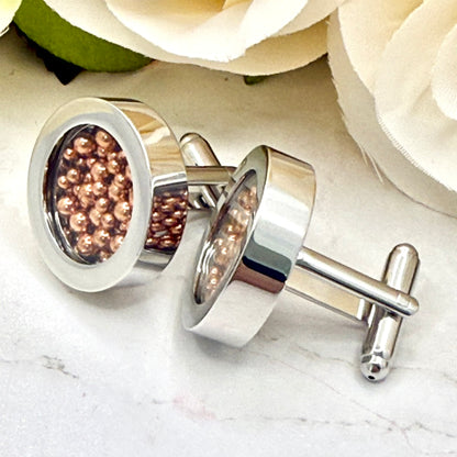 7th Wedding Anniversary Cufflinks – Filled with Pure Copper Balls | Luxury Copper Gift for Him