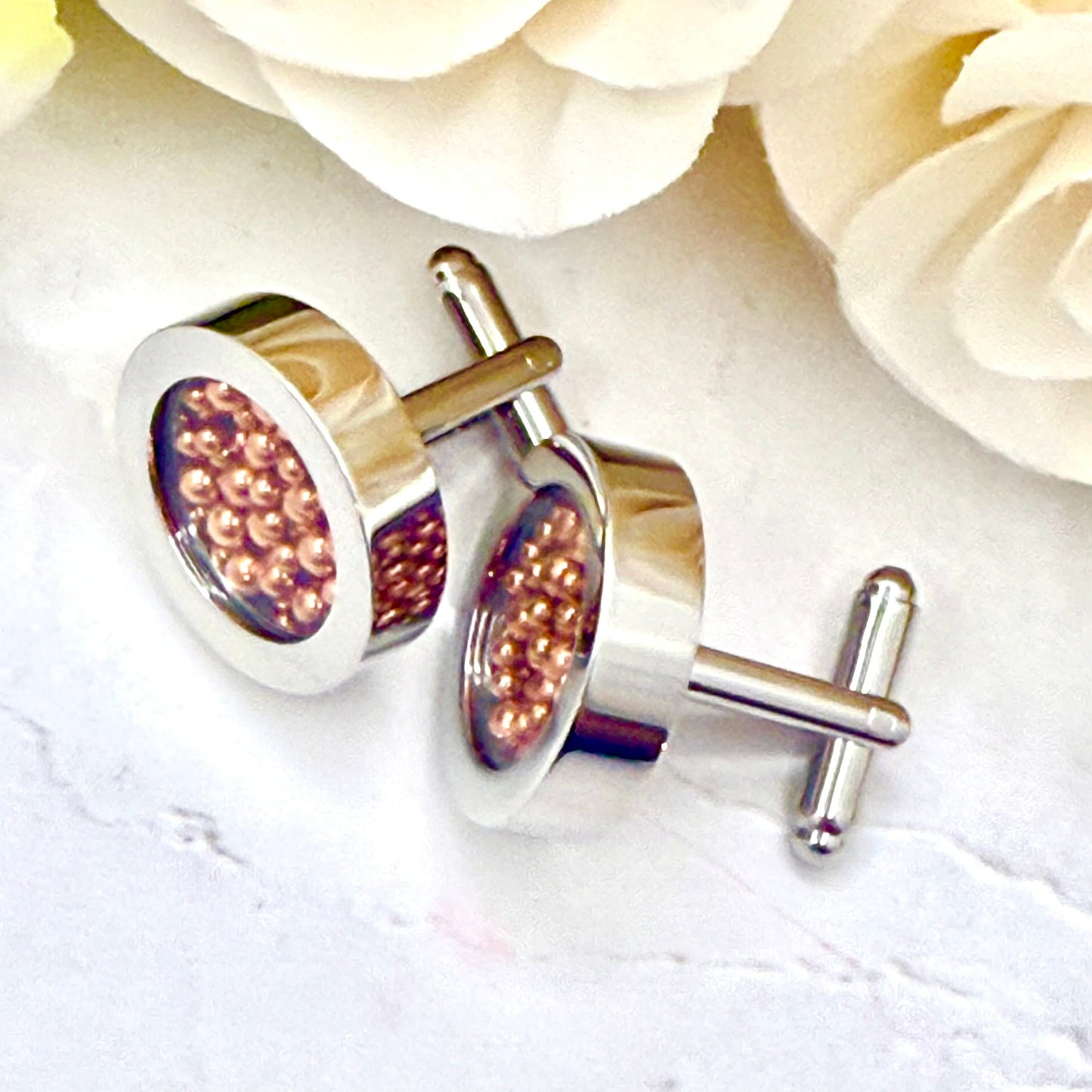 7th Wedding Anniversary Cufflinks – Filled with Pure Copper Balls | Luxury Copper Gift for Him