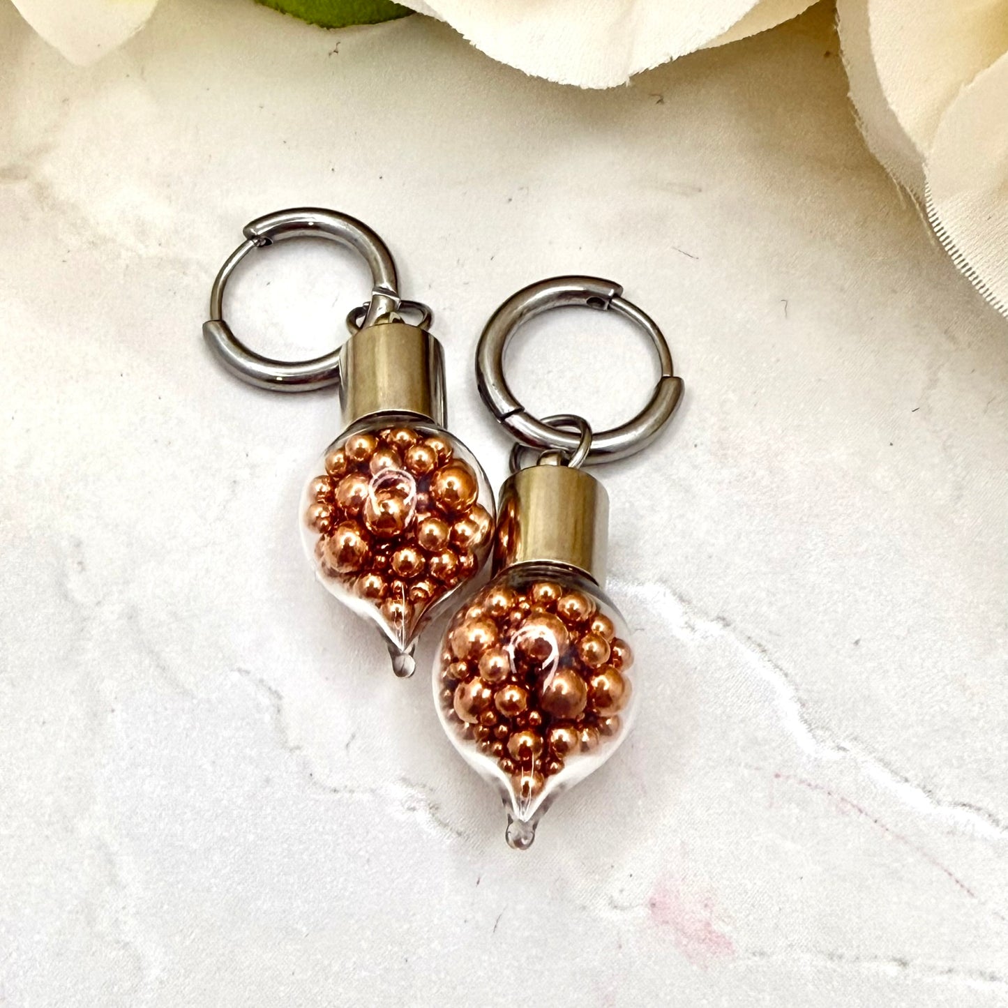 7th Wedding Anniversary Huggie Earrings – Glass Droppers Filled with Copper Balls | Elegant Copper Jewellery