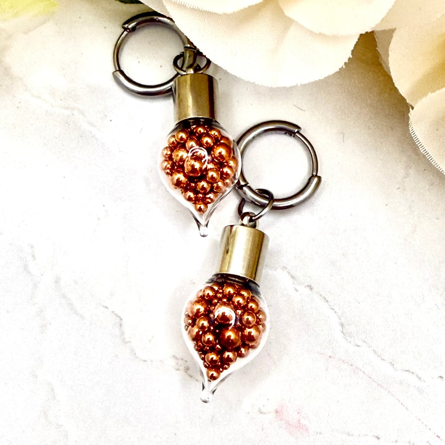 7th Wedding Anniversary Huggie Earrings – Glass Droppers Filled with Copper Balls | Elegant Copper Jewellery