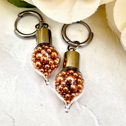 7th Wedding Anniversary Huggie Earrings – Glass Droppers Filled with Copper Balls | Elegant Copper Jewellery