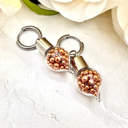 7th Wedding Anniversary Huggie Earrings – Glass Droppers Filled with Copper Balls | Elegant Copper Jewellery