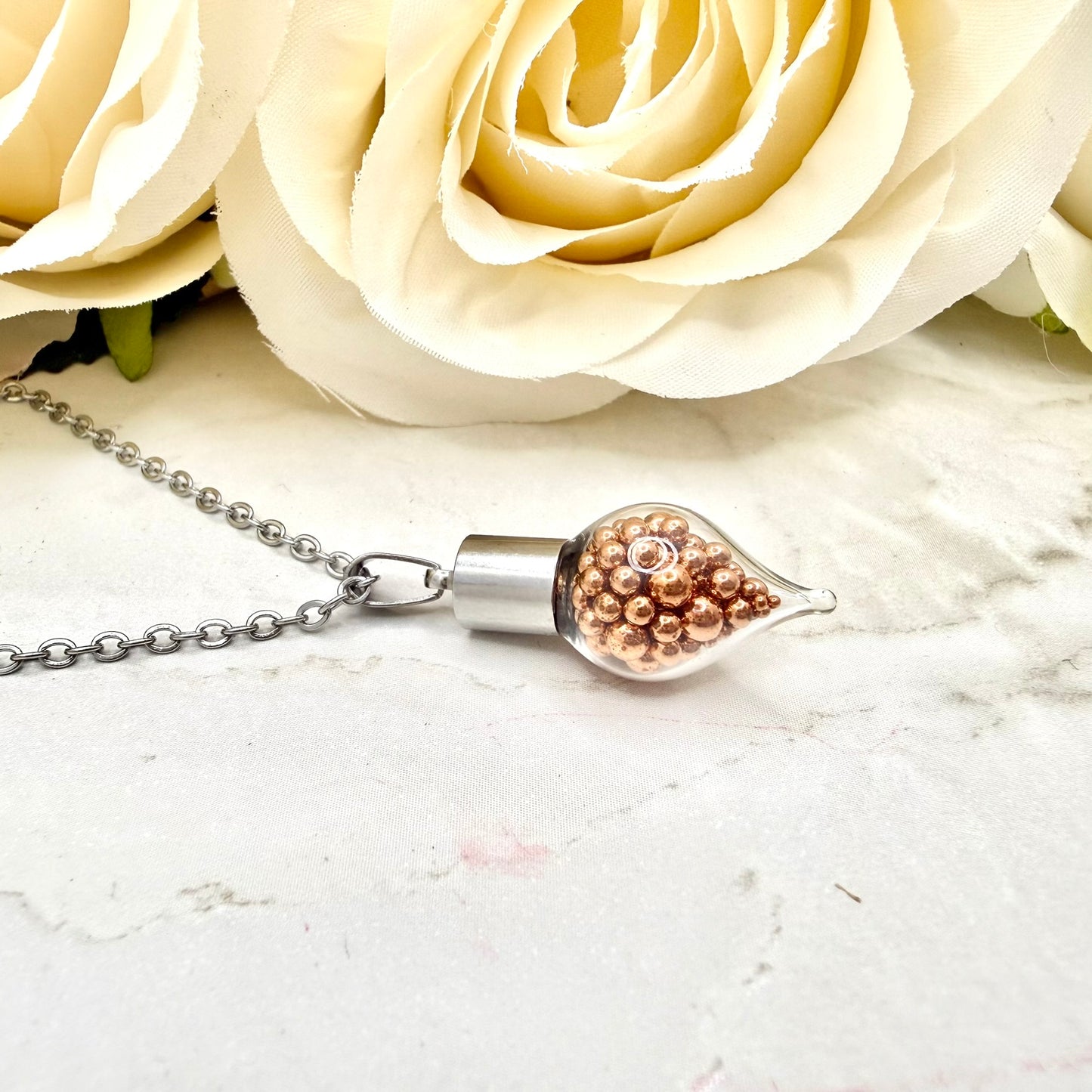 7th Wedding Anniversary Pendant – Glass Drop Filled with Copper Balls | Romantic Copper Necklace