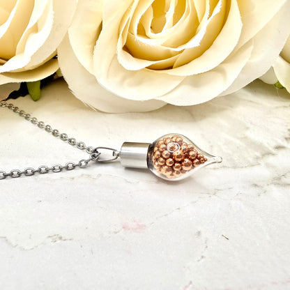 7th Wedding Anniversary Pendant – Glass Drop Filled with Copper Balls | Romantic Copper Necklace