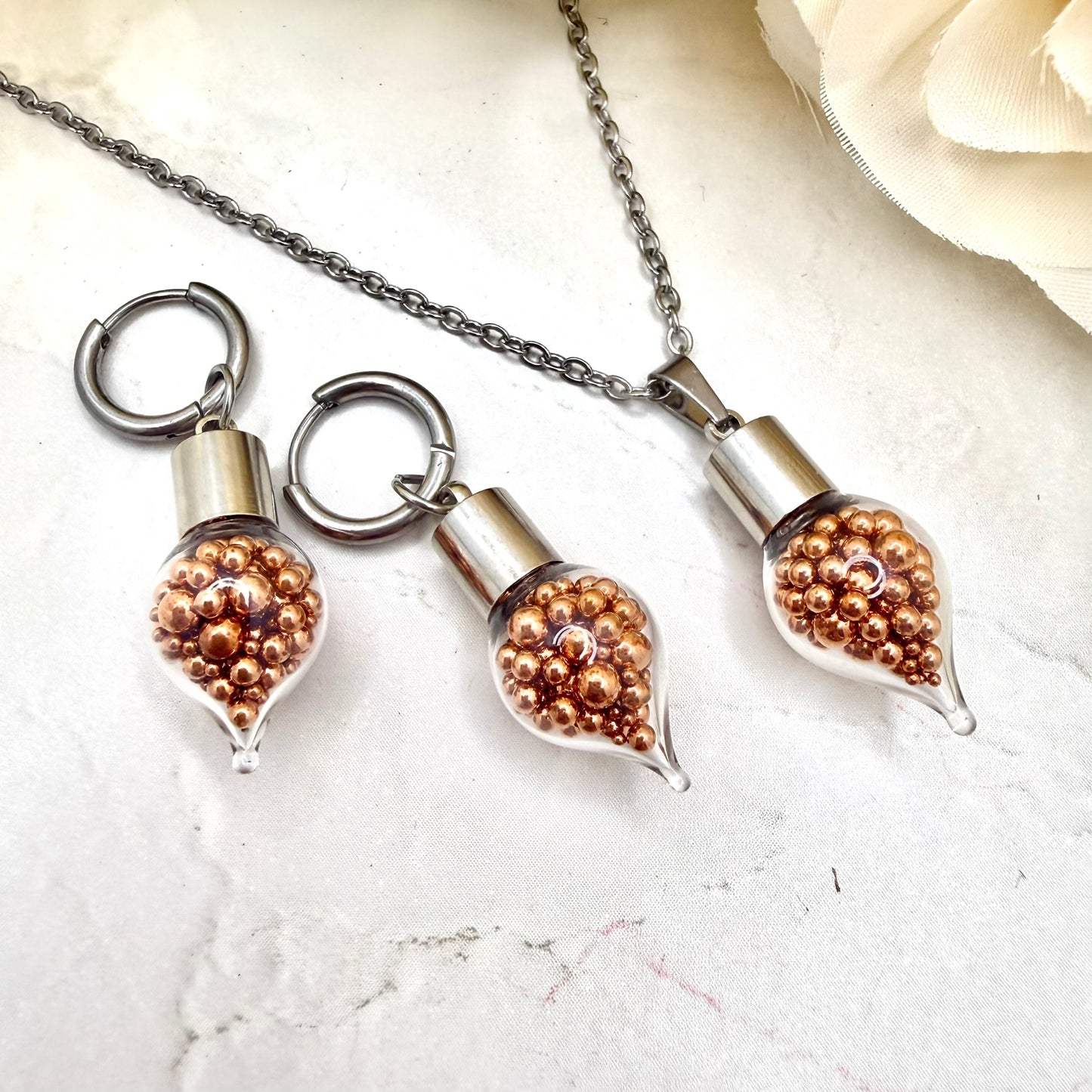 7th Wedding Anniversary Pendant – Glass Drop Filled with Copper Balls | Romantic Copper Necklace