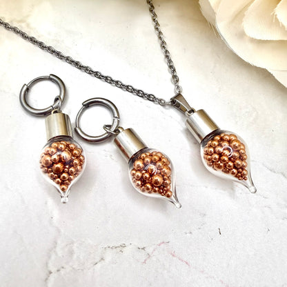 7th Wedding Anniversary Pendant – Glass Drop Filled with Copper Balls | Romantic Copper Necklace