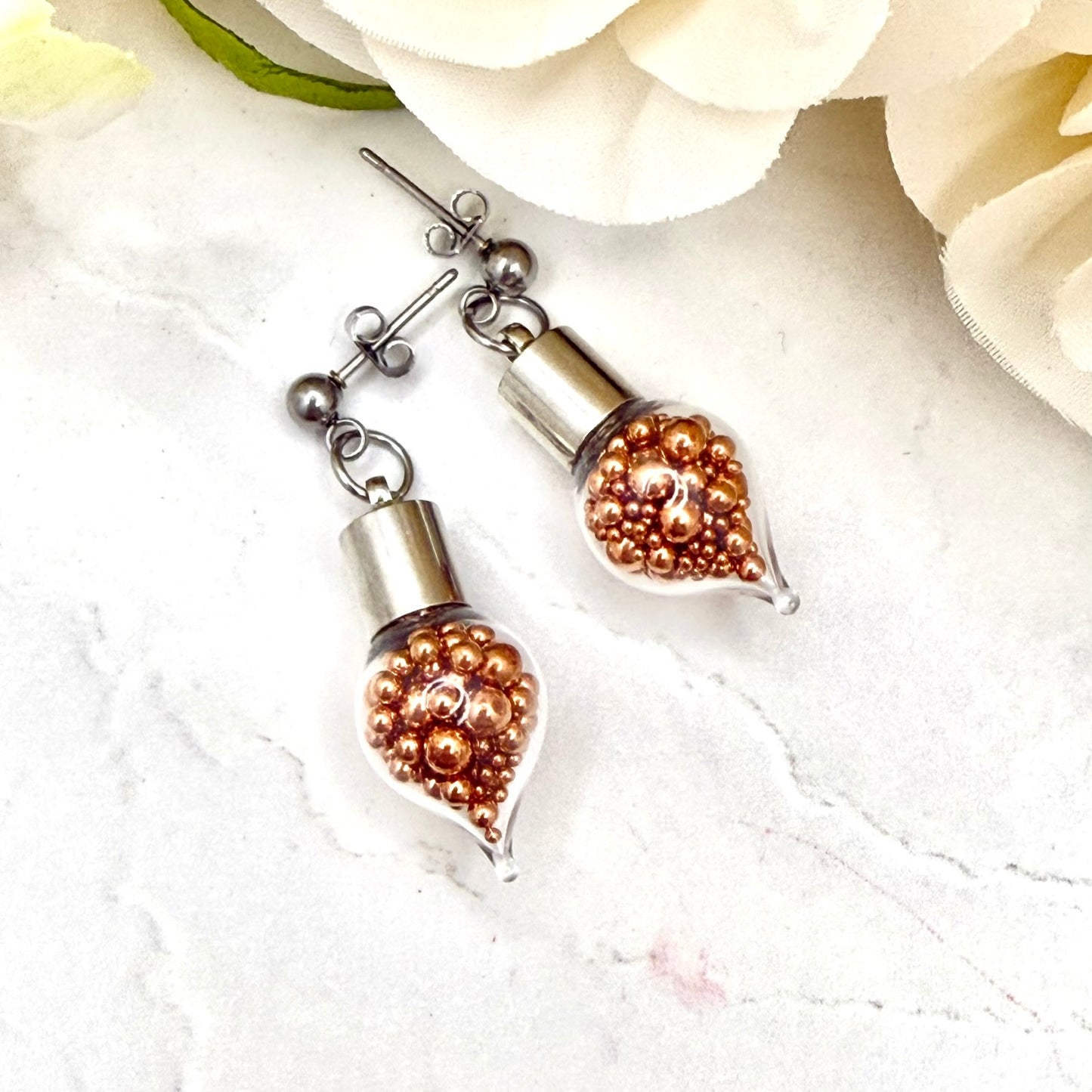 7th Wedding Anniversary Stud Earrings – Glass Droppers Filled with Copper Balls | Meaningful Copper Gift