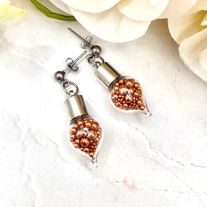 7th Wedding Anniversary Stud Earrings – Glass Droppers Filled with Copper Balls | Meaningful Copper Gift