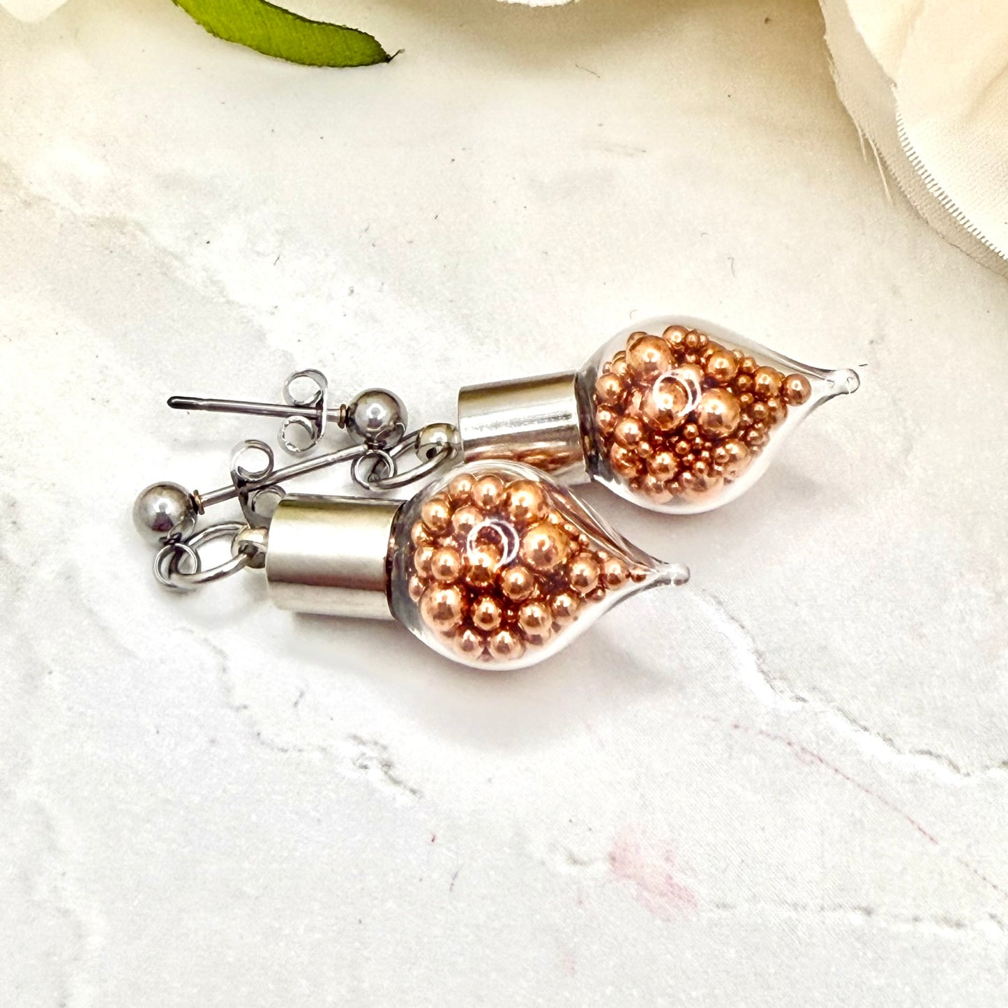 7th Wedding Anniversary Stud Earrings – Glass Droppers Filled with Copper Balls | Meaningful Copper Gift