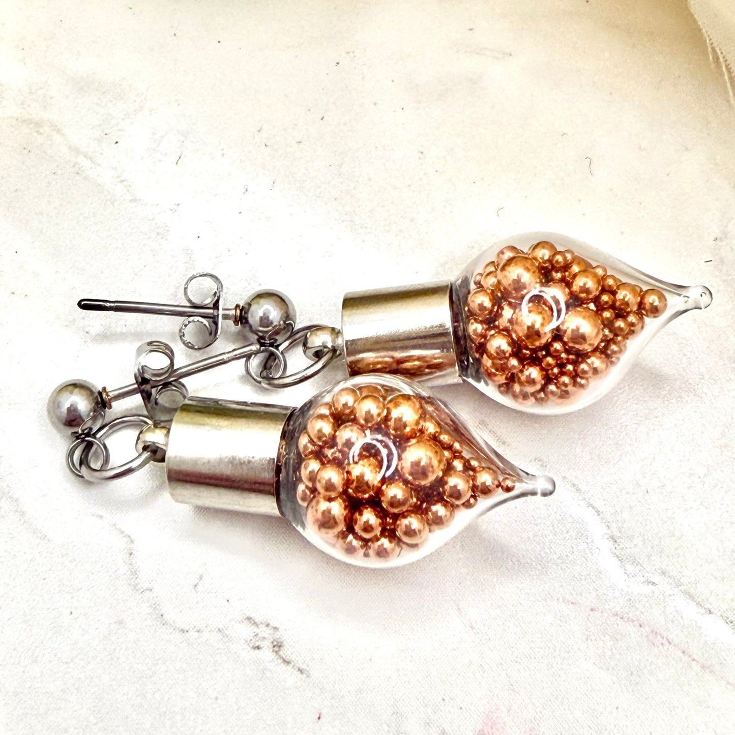 7th Wedding Anniversary Stud Earrings – Glass Droppers Filled with Copper Balls | Meaningful Copper Gift