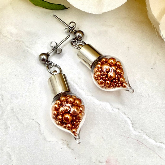 7th Wedding Anniversary Stud Earrings – Glass Droppers Filled with Copper Balls | Meaningful Copper Gift