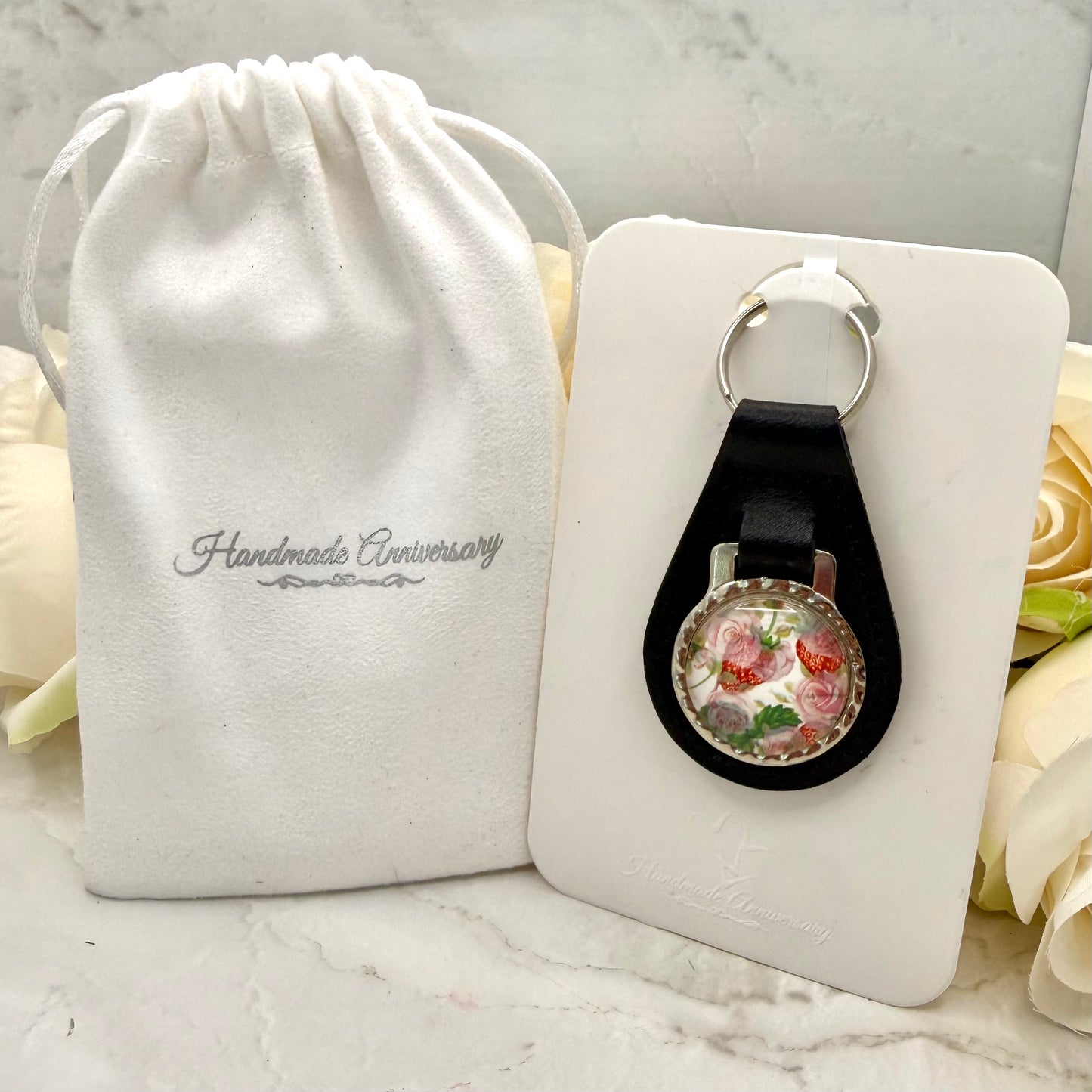 Fruit & Flower 4th Anniversary Leather Key Fob Handmade