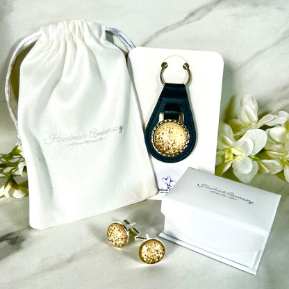 Golden Glow Cufflinks & Leather Key Fob Gift Set Handmade-Keyring-Handmadeanniversary-Handmade Anniversary