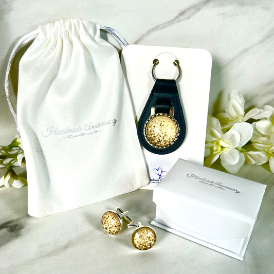 Golden Glow Cufflinks & Leather Key Fob Gift Set Handmade-Keyring-Handmadeanniversary-Handmade Anniversary