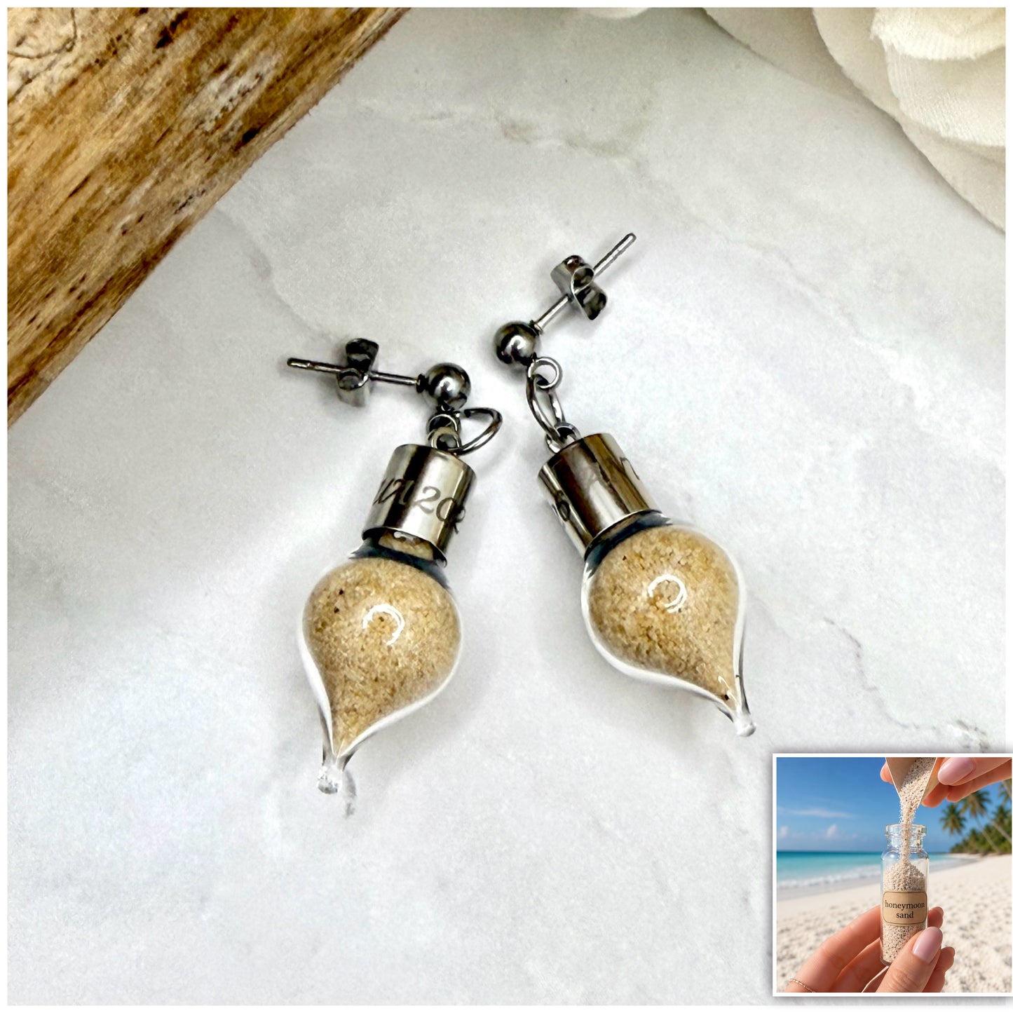 Luxury Personalised Honeymoon Sand Stud Drop Earrings
