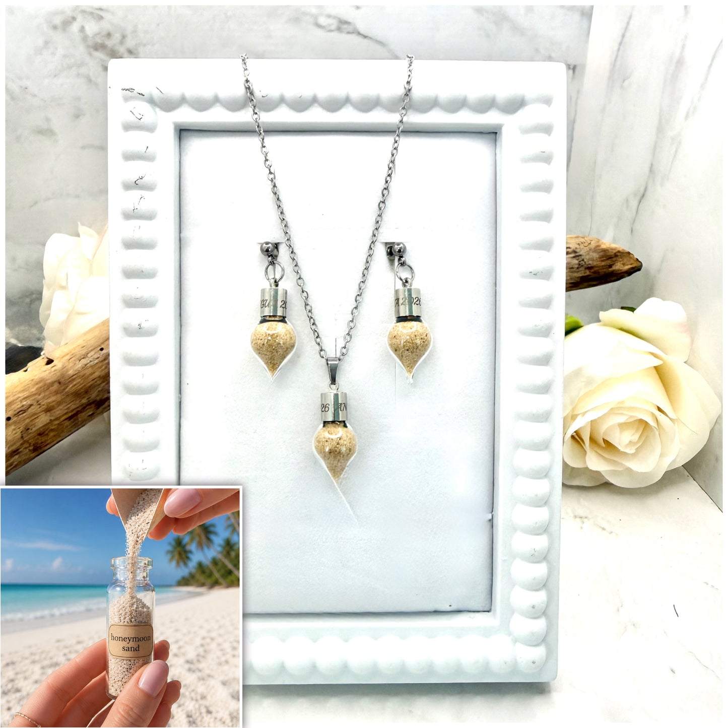 Luxury Personalised Honeymoon Sand Pendant & Earrings Set