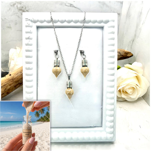 Luxury Personalised Honeymoon Sand Pendant & Earrings Set