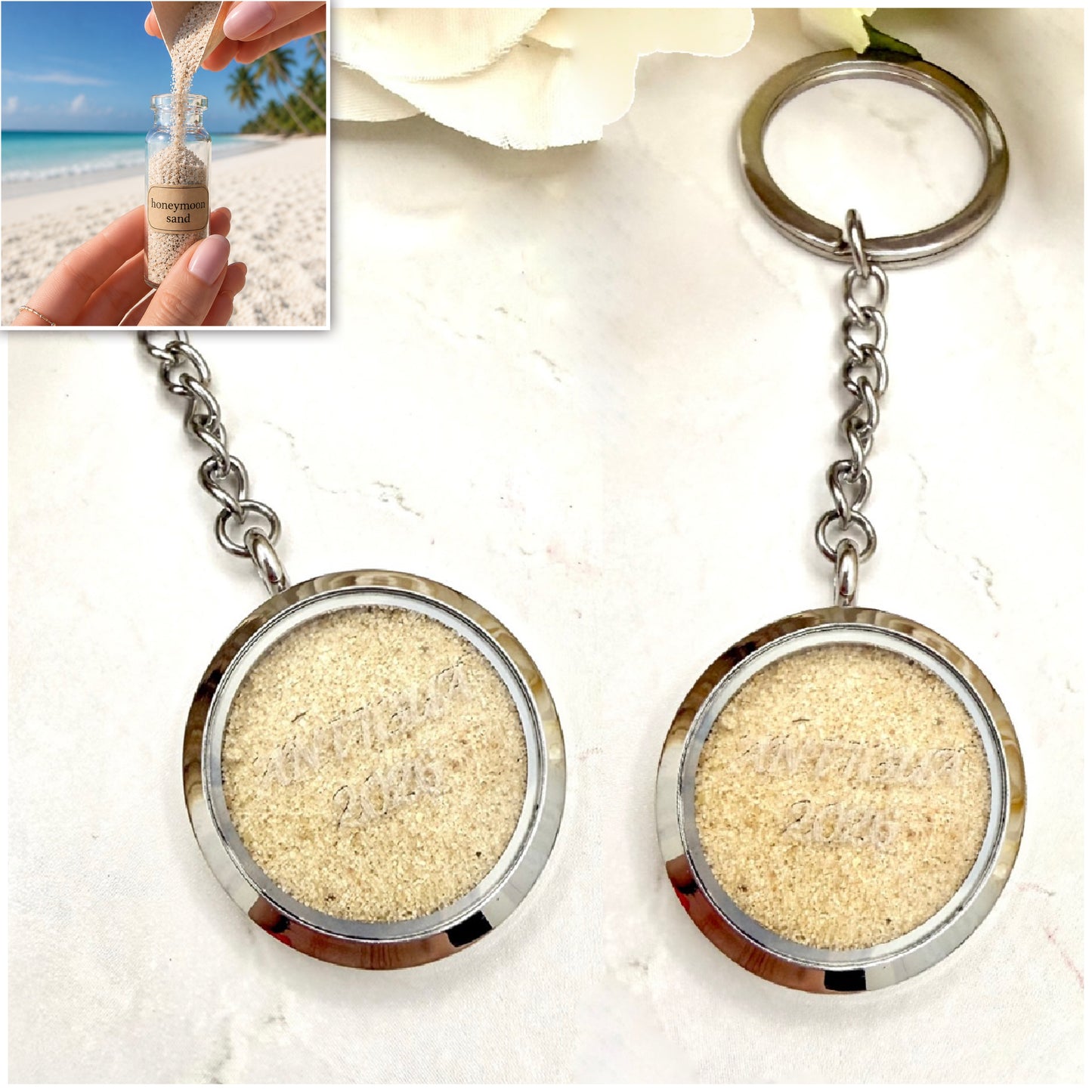 Luxury Personalised Honeymoon Sand Keyring Matching Set for Couples