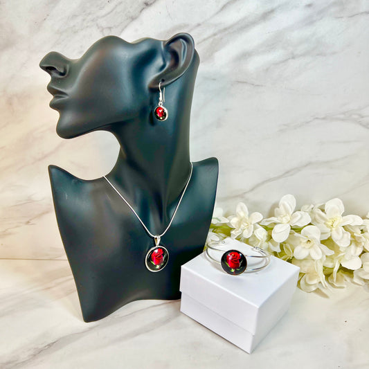 Rose Pendant, Drop Earring & Bangle Gift Set Handmade