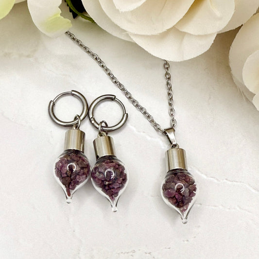 Luxury 40th Anniversary Jewellery Set – Pendant & Earrings with Natural Raw Ruby Chips | Elegant Ruby Gift for Her-Pendant & Earrings-Handmadeanniversary-Huggie Earrings-Handmade Anniversary