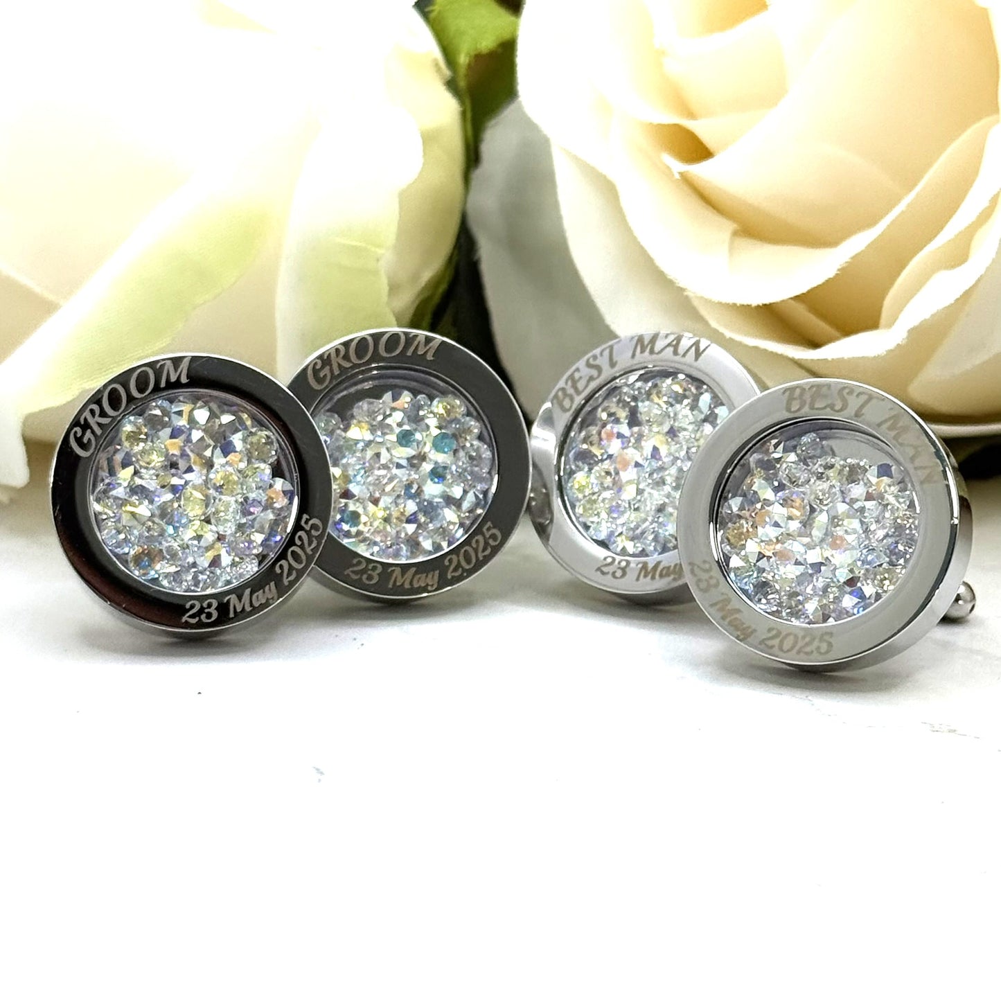 Personalised Groom & Best Man Crystal Cufflink Set – Primero Crystal  - Choice of Colour