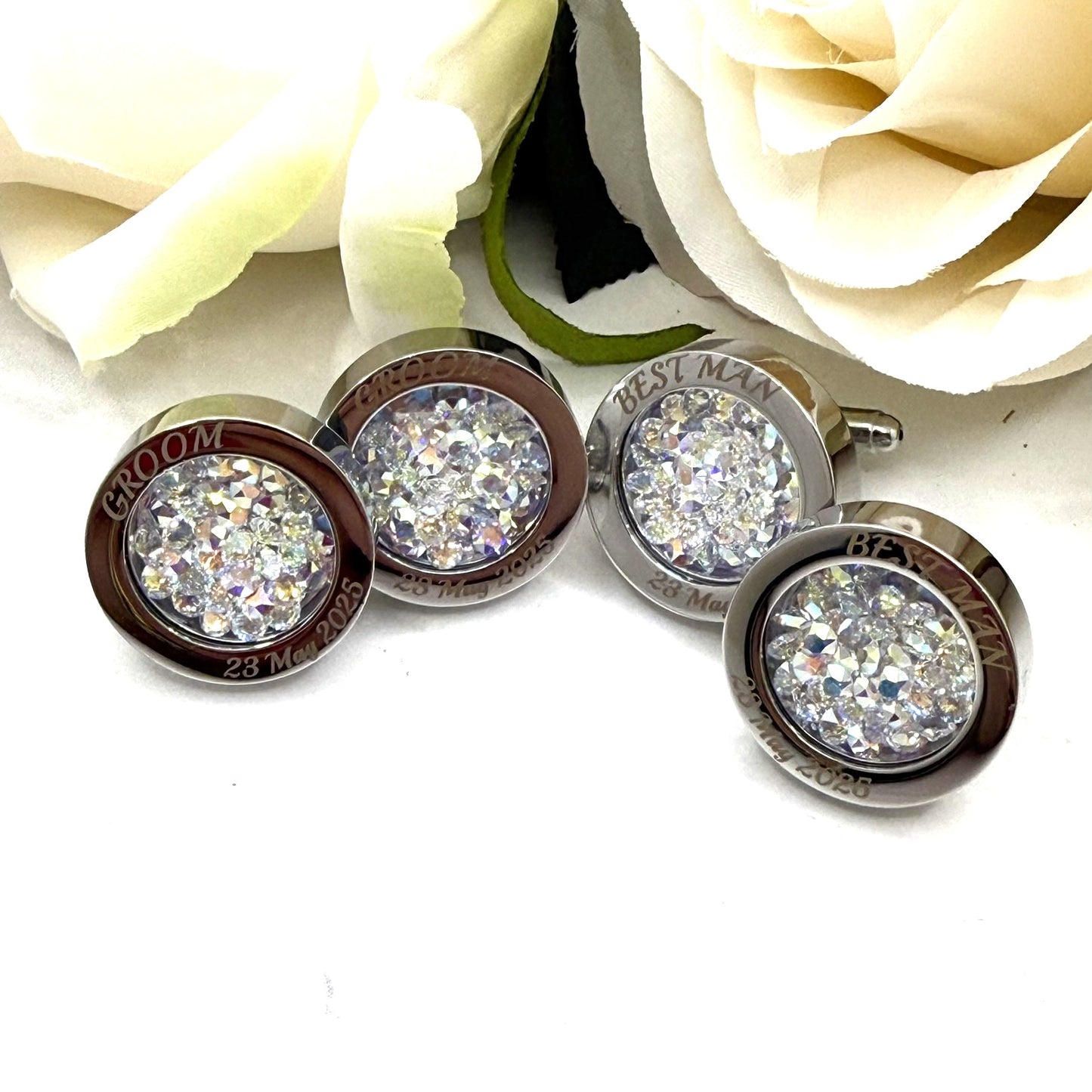 Personalised Groom & Best Man Crystal Cufflink Set – Primero Crystal  - Choice of Colour