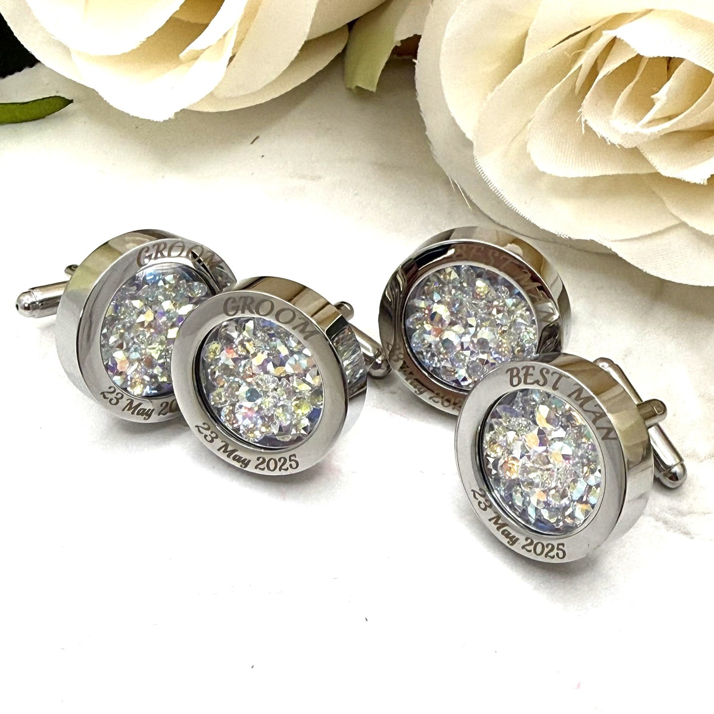 Personalised Groom & Best Man Crystal Cufflink Set – Primero Crystal  - Choice of Colour