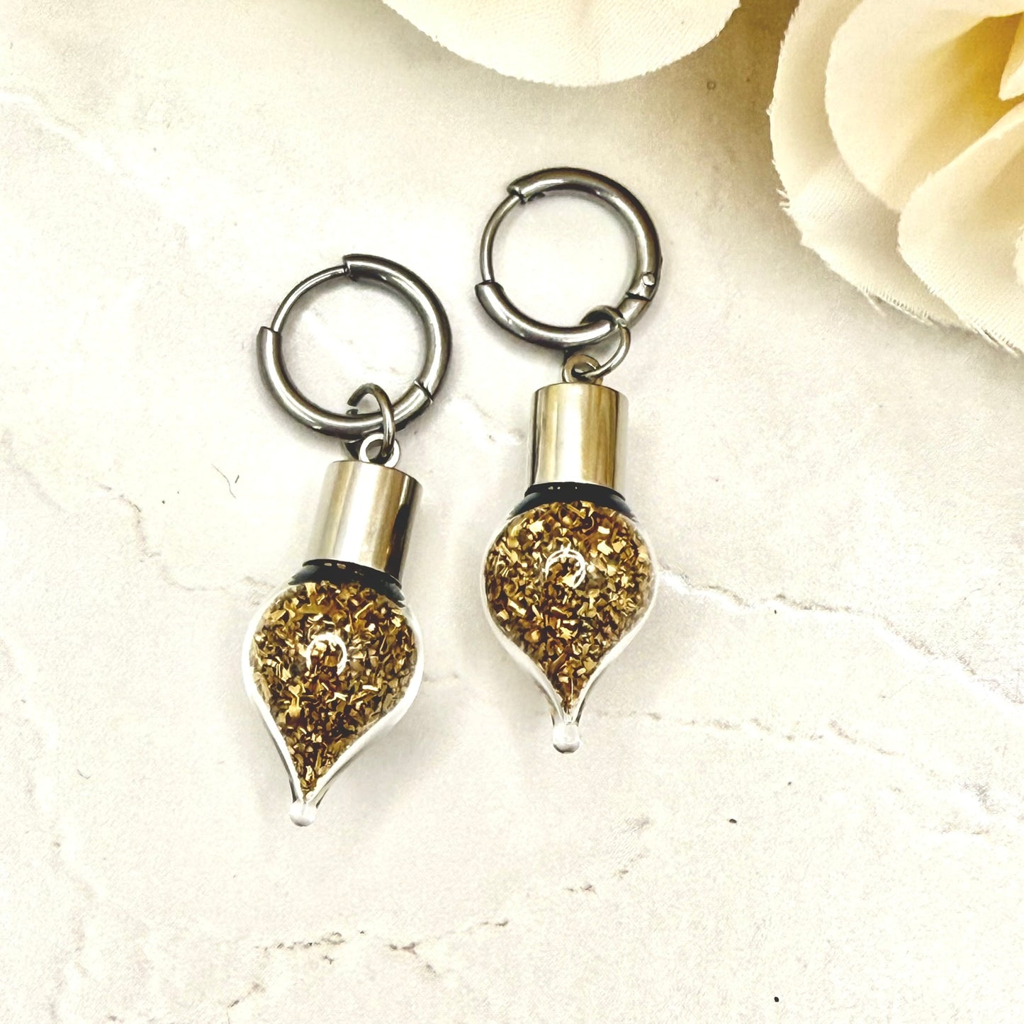 Luxury 21st Anniversary Huggie Earrings – Glass Drops with Fine Brass Shavings | Elegant Brass Gift for Her-Pendant & Earrings-Handmadeanniversary-Handmade Anniversary