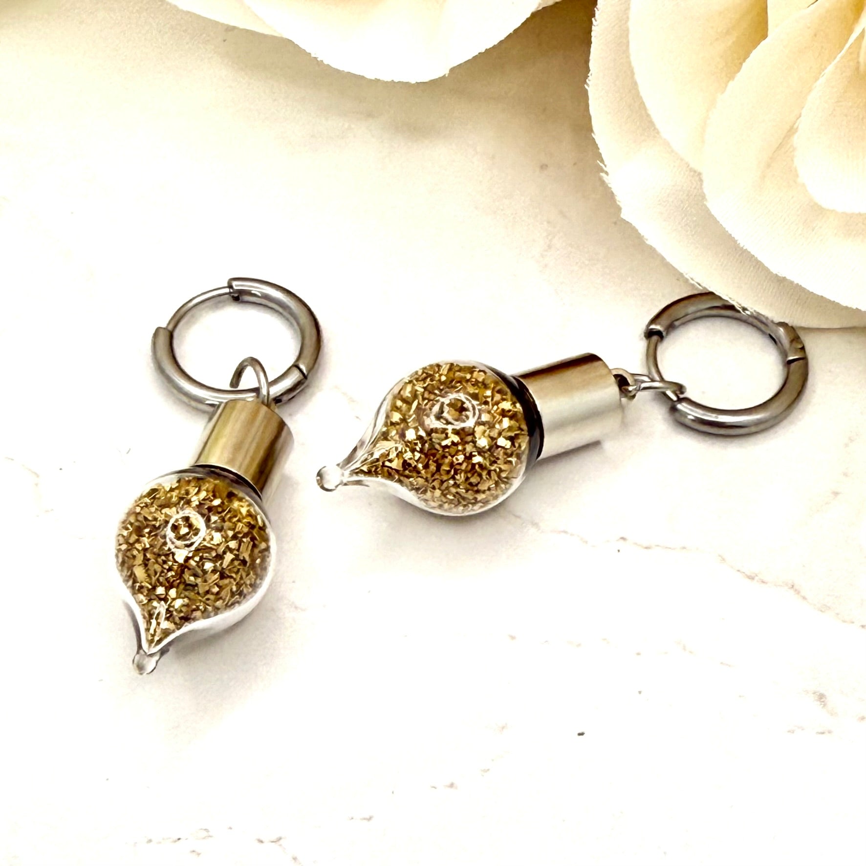 Luxury 21st Anniversary Huggie Earrings – Glass Drops with Fine Brass Shavings | Elegant Brass Gift for Her-Pendant & Earrings-Handmadeanniversary-Handmade Anniversary