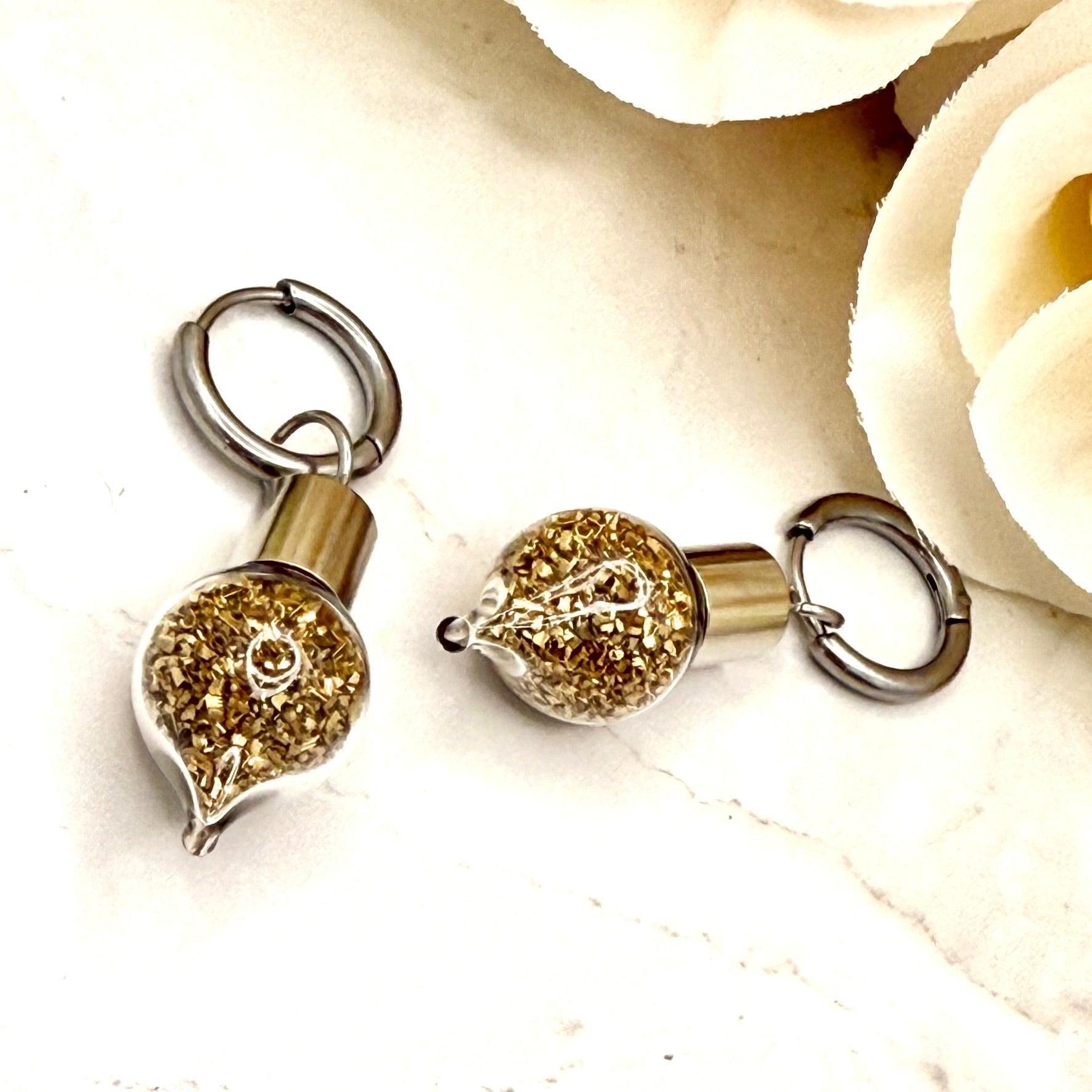 Luxury 21st Anniversary Huggie Earrings – Glass Drops with Fine Brass Shavings | Elegant Brass Gift for Her-Pendant & Earrings-Handmadeanniversary-Handmade Anniversary