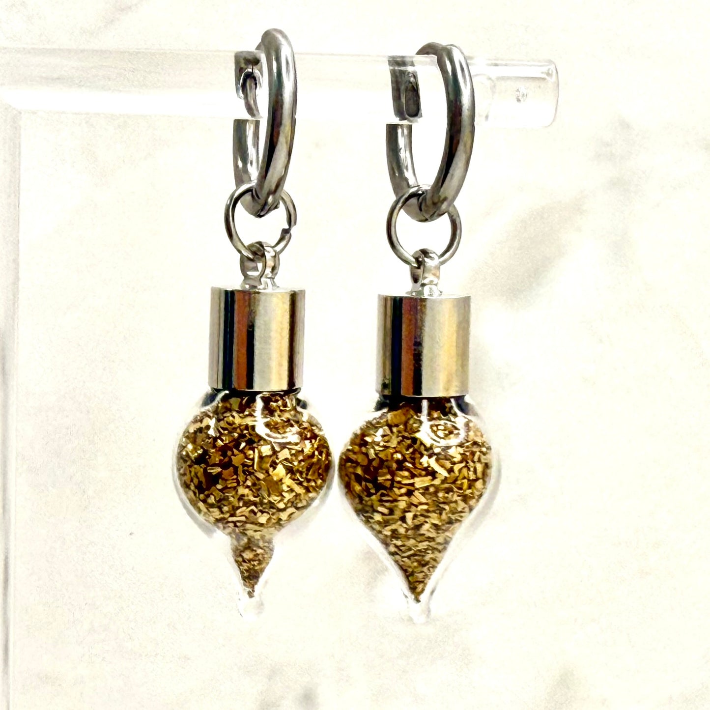 Luxury 21st Anniversary Huggie Earrings – Glass Drops with Fine Brass Shavings | Elegant Brass Gift for Her-Pendant & Earrings-Handmadeanniversary-Earrings Only-Handmade Anniversary