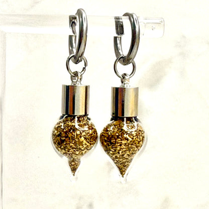 Luxury 21st Anniversary Huggie Earrings – Glass Drops with Fine Brass Shavings | Elegant Brass Gift for Her-Pendant & Earrings-Handmadeanniversary-Earrings Only-Handmade Anniversary