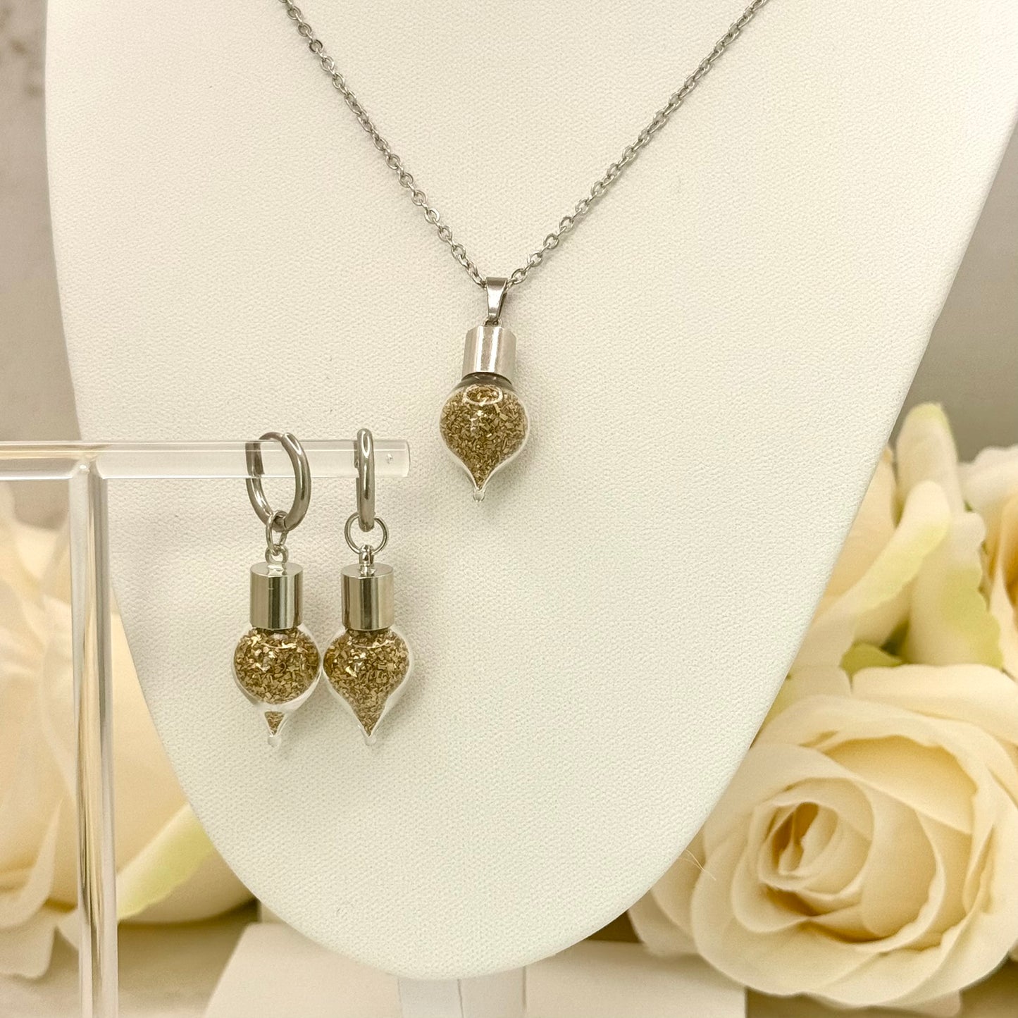 Luxury 21st Anniversary Huggie Earrings – Glass Drops with Fine Brass Shavings | Elegant Brass Gift for Her-Pendant & Earrings-Handmadeanniversary-Add Pendant-Handmade Anniversary