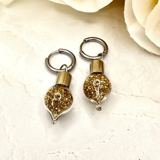 Luxury 21st Anniversary Huggie Earrings – Glass Drops with Fine Brass Shavings | Elegant Brass Gift for Her-Pendant & Earrings-Handmadeanniversary-Handmade Anniversary