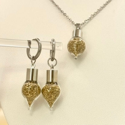 Luxury 21st Anniversary Jewellery Set – Pendant & Earrings with Fine Brass Shavings | Elegant Brass Gift for Her-Pendant & Earrings-Handmadeanniversary-Handmade Anniversary