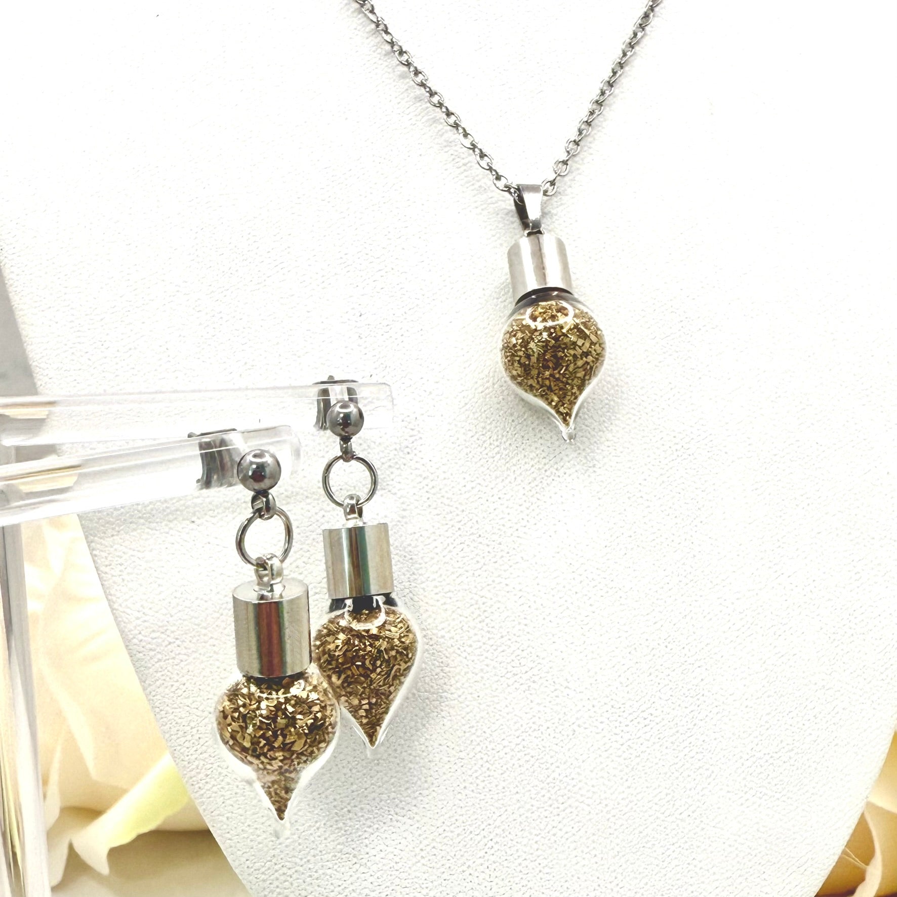 Luxury 21st Anniversary Jewellery Set – Pendant & Earrings with Fine Brass Shavings | Elegant Brass Gift for Her-Pendant & Earrings-Handmadeanniversary-Handmade Anniversary