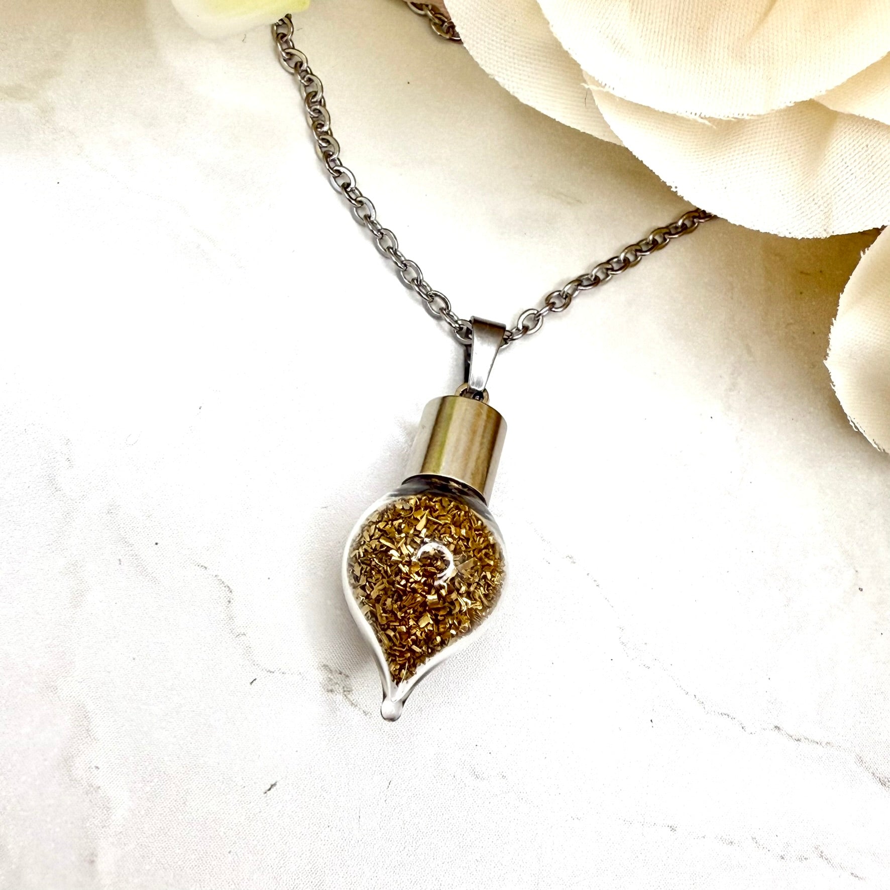 Luxury 21st Anniversary Pendant – Glass Drop with Fine Brass Shavings | Elegant Brass Necklace Gift for Her-Pendant & Earrings-Handmadeanniversary-Handmade Anniversary