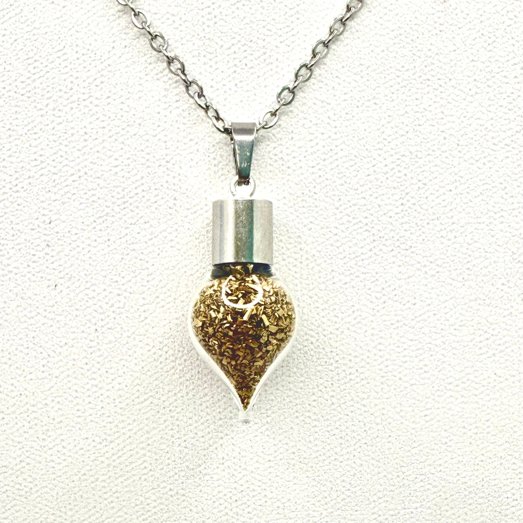 Luxury 21st Anniversary Pendant – Glass Drop with Fine Brass Shavings | Elegant Brass Necklace Gift for Her-Pendant & Earrings-Handmadeanniversary-Handmade Anniversary