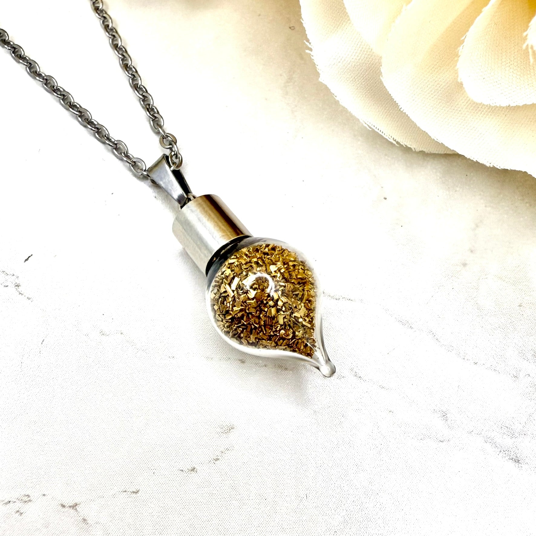 Luxury 21st Anniversary Pendant – Glass Drop with Fine Brass Shavings | Elegant Brass Necklace Gift for Her-Pendant & Earrings-Handmadeanniversary-Handmade Anniversary