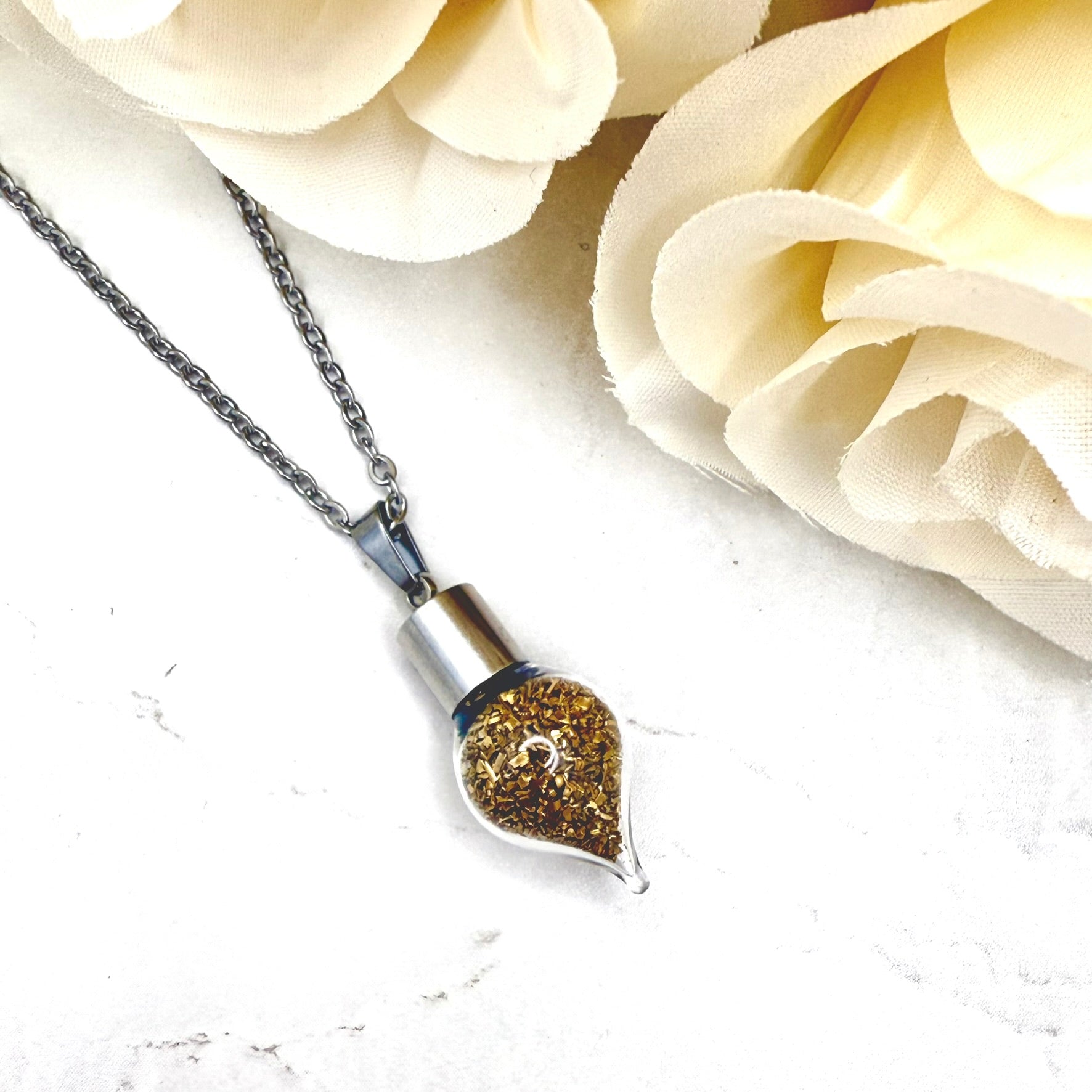 Luxury 21st Anniversary Pendant – Glass Drop with Fine Brass Shavings | Elegant Brass Necklace Gift for Her-Pendant & Earrings-Handmadeanniversary-Handmade Anniversary