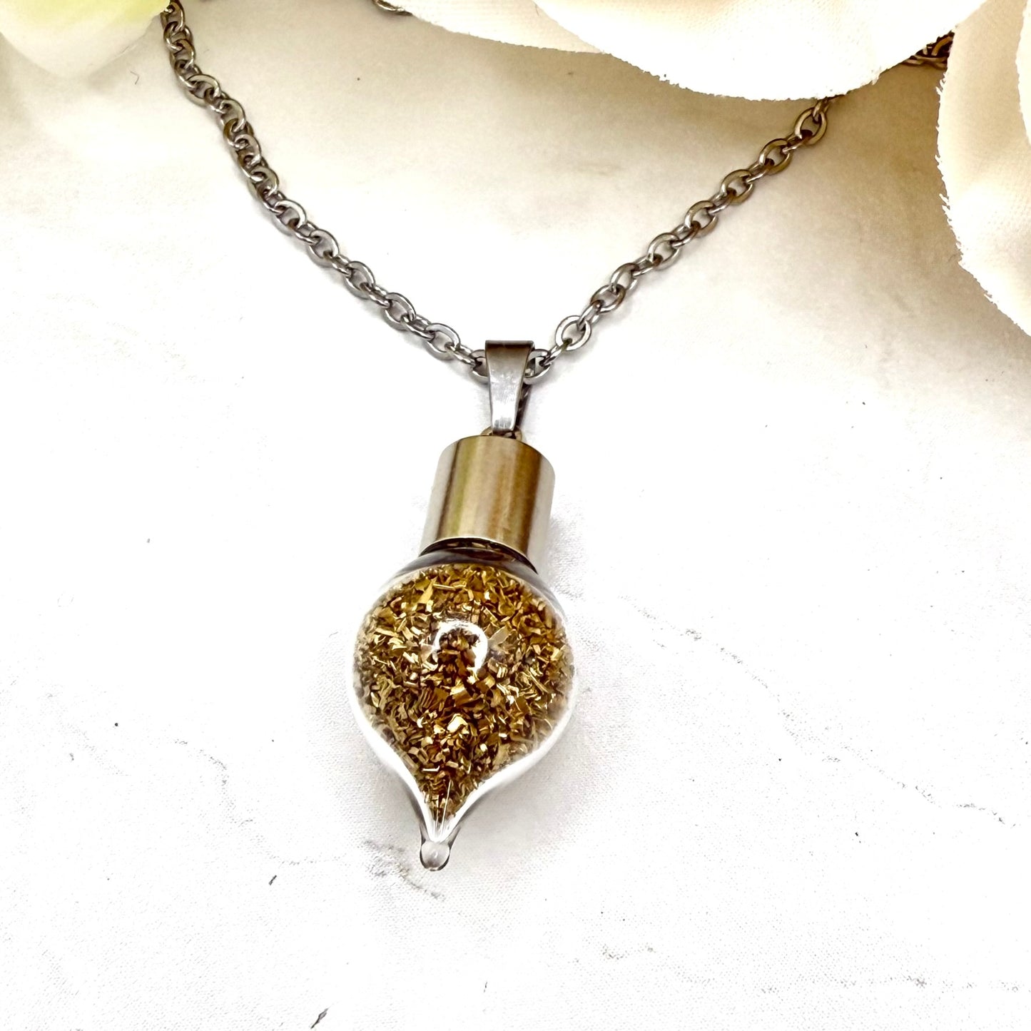 Luxury 21st Anniversary Pendant – Glass Drop with Fine Brass Shavings | Elegant Brass Necklace Gift for Her-Pendant & Earrings-Handmadeanniversary-Handmade Anniversary