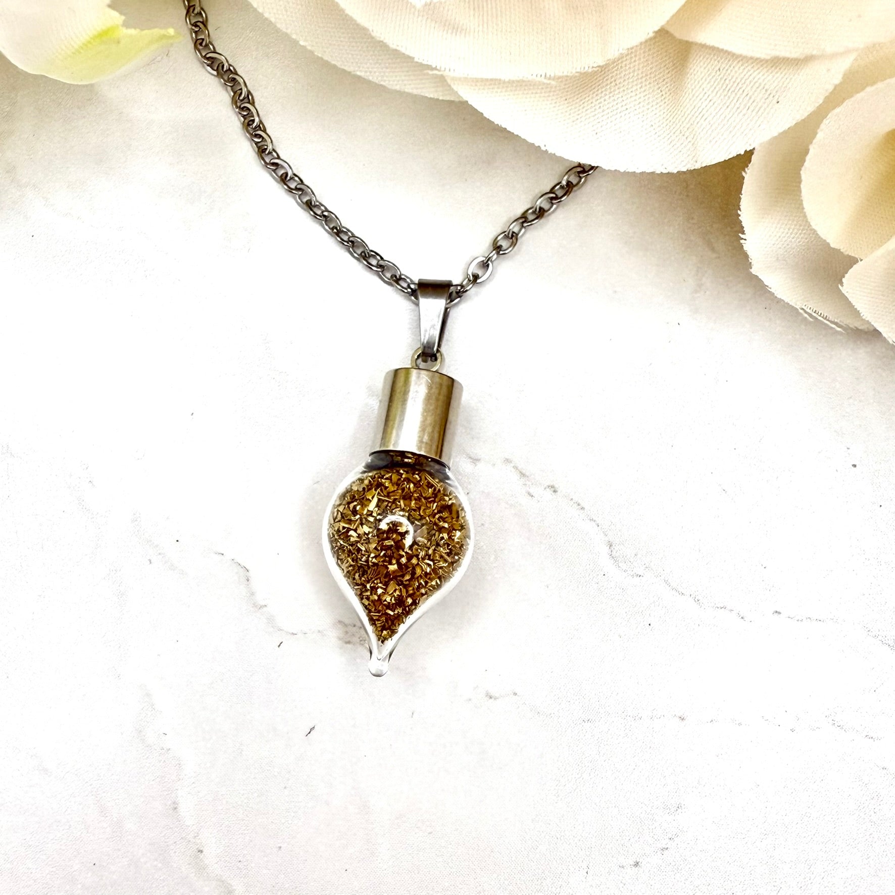 Luxury 21st Anniversary Pendant – Glass Drop with Fine Brass Shavings | Elegant Brass Necklace Gift for Her-Pendant & Earrings-Handmadeanniversary-Handmade Anniversary