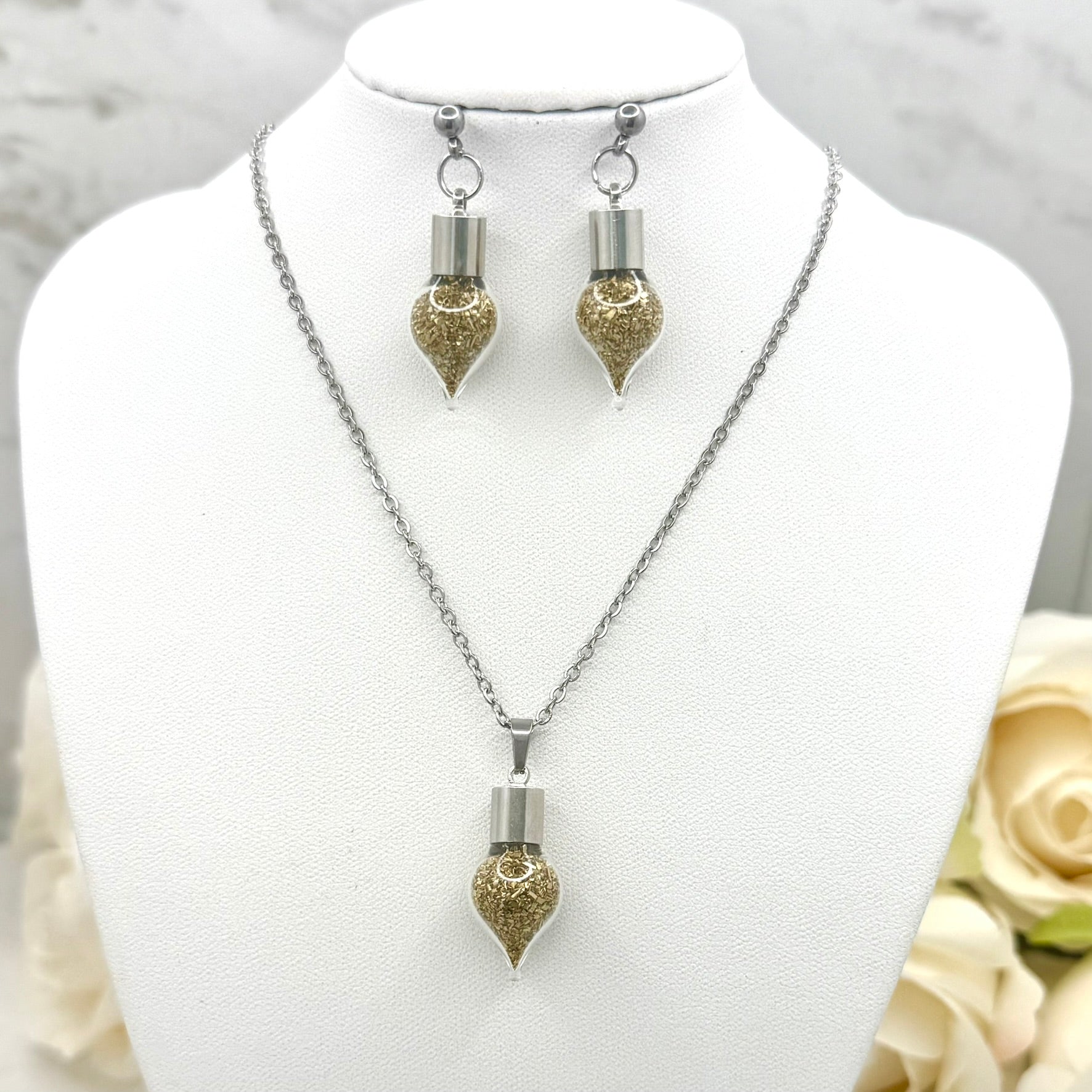 Luxury 21st Anniversary Pendant – Glass Drop with Fine Brass Shavings | Elegant Brass Necklace Gift for Her-Pendant & Earrings-Handmadeanniversary-Add Stud Earrings-Handmade Anniversary