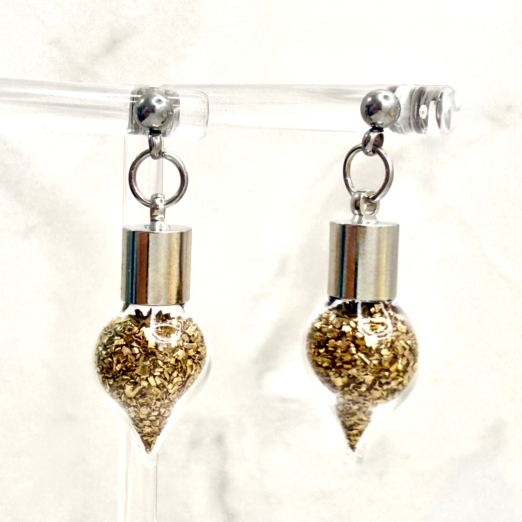Luxury 21st Anniversary Stud Drop Earrings – Glass Drops with Fine Brass Shavings | Elegant Brass Gift for Her-Pendant & Earrings-Handmadeanniversary-Handmade Anniversary