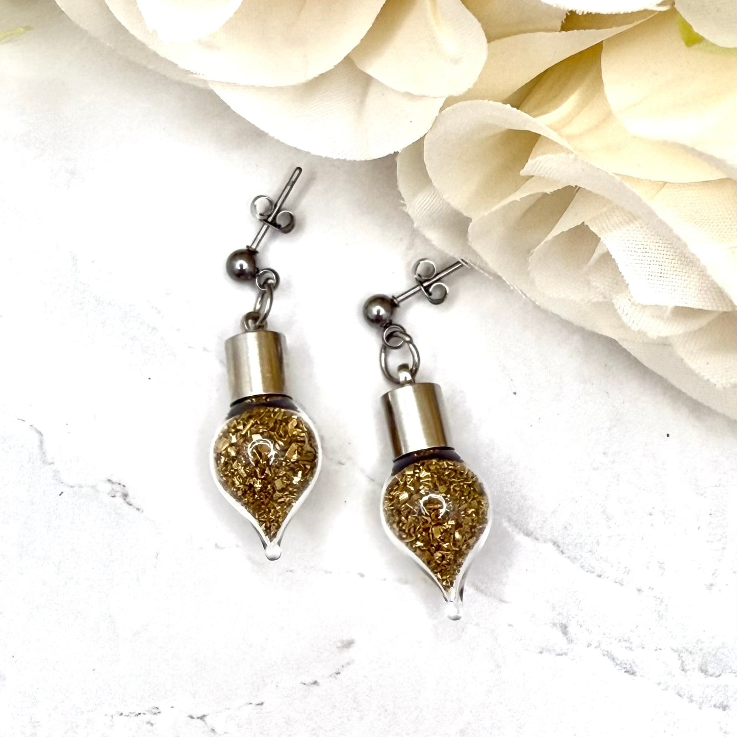Luxury 21st Anniversary Stud Drop Earrings – Glass Drops with Fine Brass Shavings | Elegant Brass Gift for Her-Pendant & Earrings-Handmadeanniversary-Handmade Anniversary