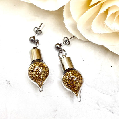 Luxury 21st Anniversary Stud Drop Earrings – Glass Drops with Fine Brass Shavings | Elegant Brass Gift for Her-Pendant & Earrings-Handmadeanniversary-Earrings Only-Handmade Anniversary